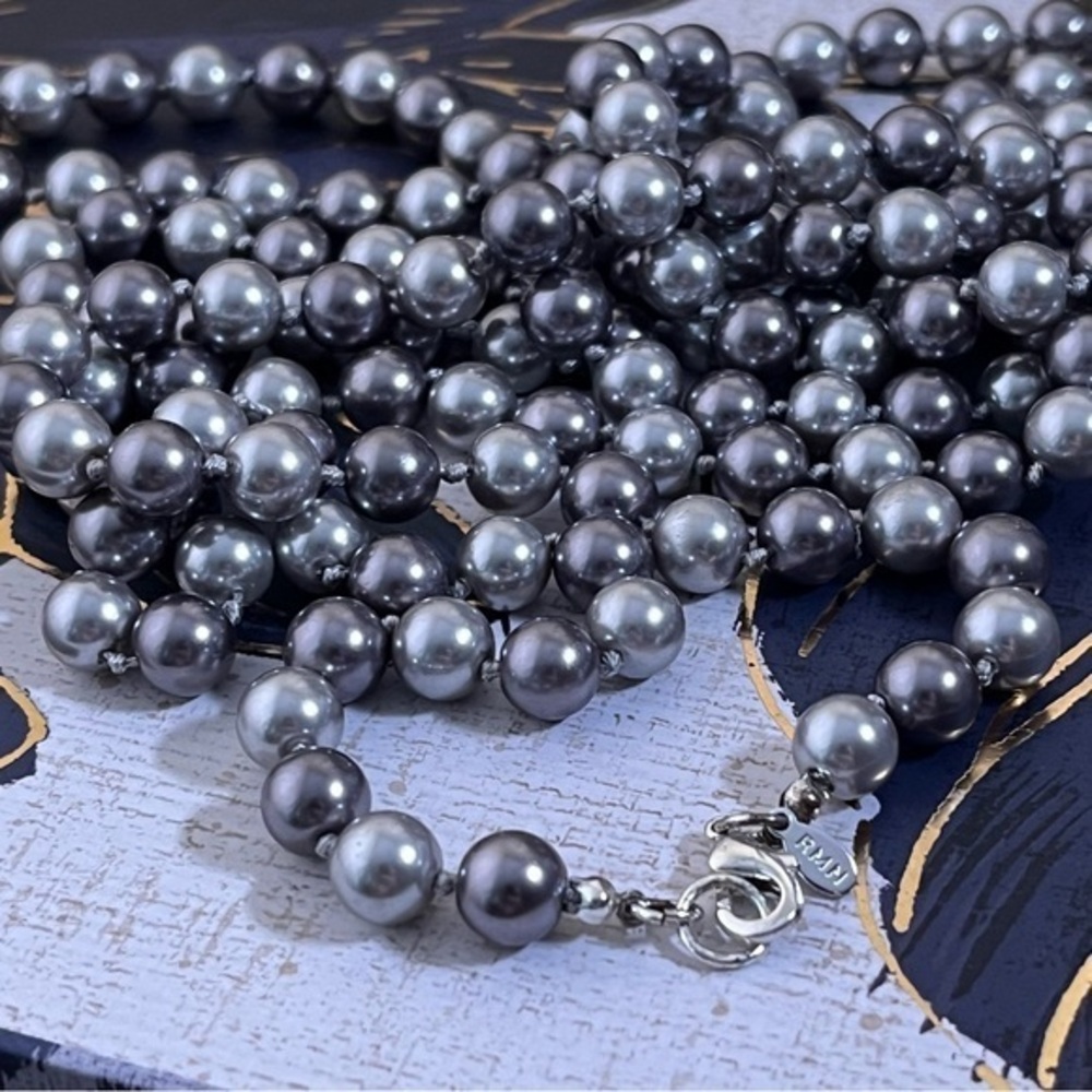 Vintage RMN Long Heavy Glass Gunmetal Silver Two-tone Faux Pearl Necklace